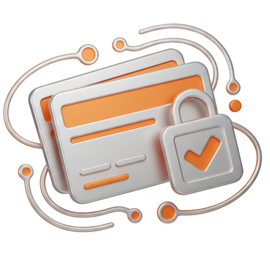 3D icon of credit cards and digital payment, ultra-realistic, premium design, soft shadows, metallic and orange (#FE6C3B) accents, minimalistic style, clean white background, 3000x3000 px, modern 3D look
