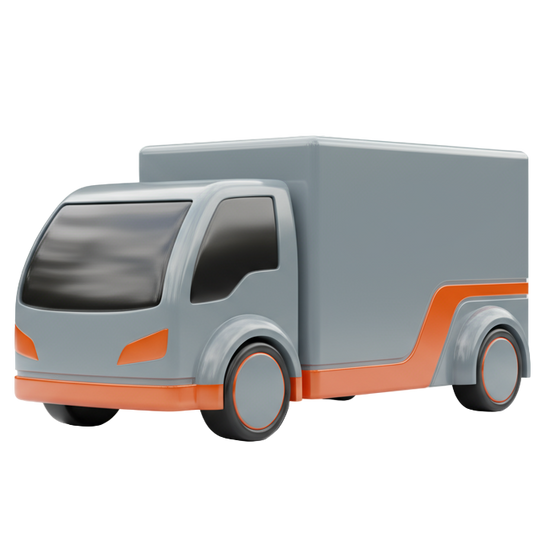 3D icon of delivery truck, ultra-realistic 3D, smooth surfaces, soft shadows, orange (#FE6C3B) accents, minimalistic and premium style, white background, 3000x3000 px
