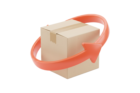 3D realistic icon of a cardboard box with a curved return arrow around it, high-detail textures, soft shadows, smooth reflections, premium minimalistic style, color palette #FE6C3B #F9F4F0 #F3E9E2 #171717, no text, isolated on transparent background, ultra high resolution, 8k
