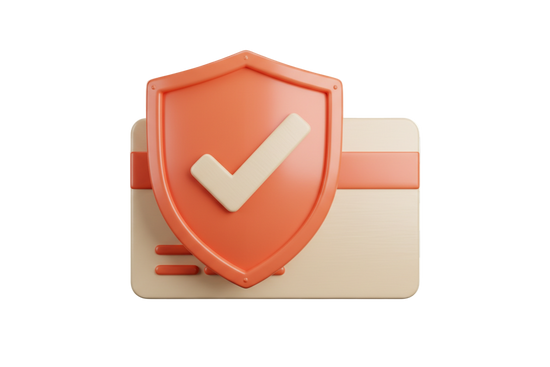 3D ultra-realistic icon of a shield with a checkmark layered over a credit card, premium glossy + matte materials, soft cinematic lighting, detailed reflections, luxury e-commerce look, color palette #FE6C3B #F9F4F0 #F3E9E2 #171717, no text, transparent background, 8k resolution
