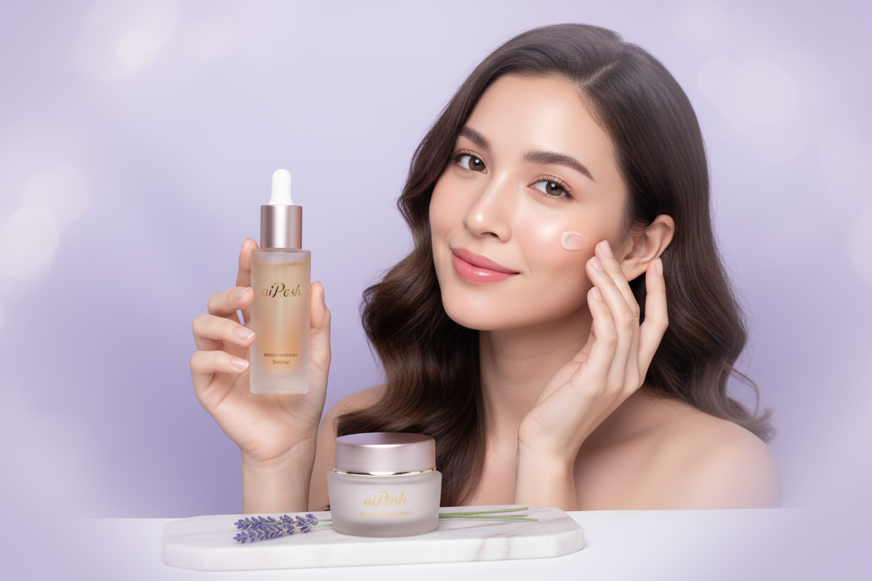 A beautiful female model with glowing, healthy skin uses skincare products labeled “aiPosh”. The background features a soft lavender or lilac gradient with smooth lighting that creates a calm, wellness-inspired atmosphere. Include elegant aiPosh products in the frame — such as a cream jar or serum bottle — with the brand name clearly visible. The image should feel serene, luxurious, and inspiring, representing balance, confidence, and self-care.