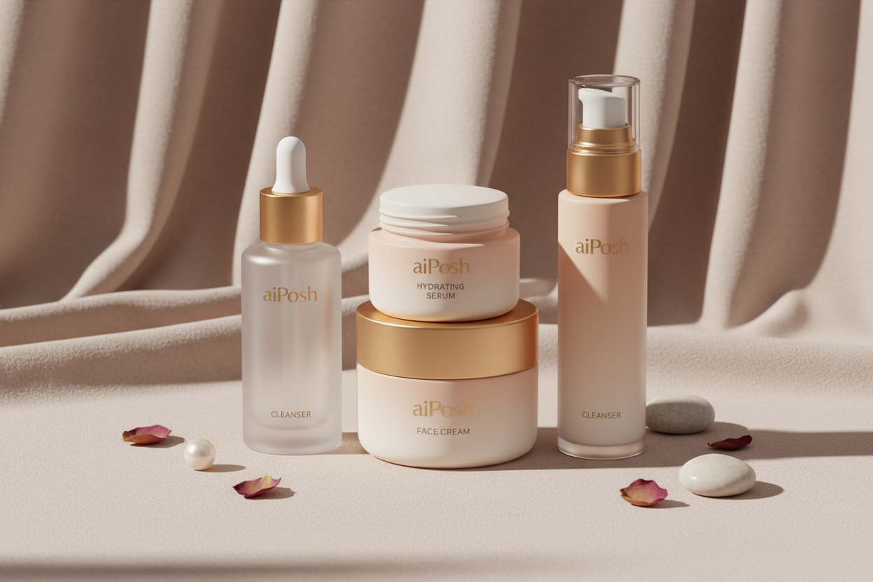 A luxurious flat lay of skincare products labeled “aiPosh” — including a hydrating serum, face cream, and cleanser — placed on a soft beige and pink background. The packaging looks elegant and minimal, featuring subtle pastel tones and gold accents. Gentle natural lighting highlights the glow and clean beauty aesthetic. Include soft shadows and reflections for a realistic, high-end appearance. The overall composition should feel modern, fresh, and professional — perfect for an online beauty brand.