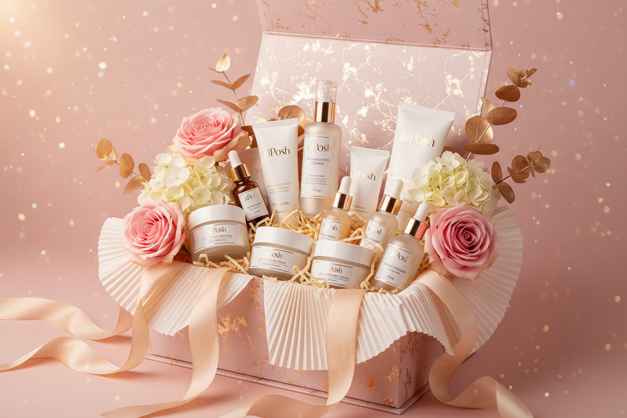 A realistic scene of a beautifully arranged aiPosh gift box filled with skincare products labeled “aiPosh” — such as creams, serums, and body care items. The box is wrapped in delicate tissue paper, ribbons, and flowers on a soft pink and gold background. The lighting is warm and elegant, emphasizing luxury and celebration. The style is clean, high-quality, and suitable for an online store banner showcasing gift collections.