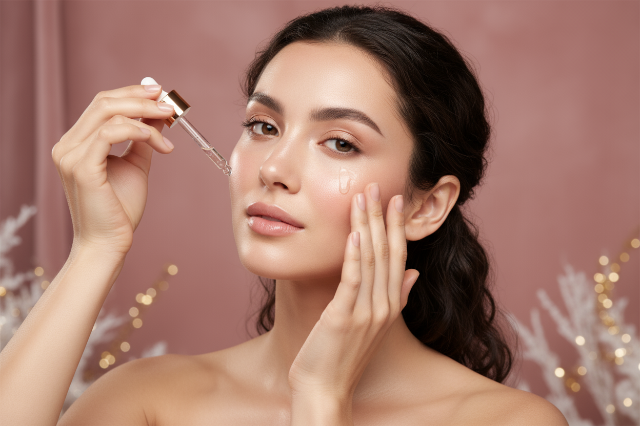 High-resolution realistic photograph of a beautiful young woman applying serum to her face, glowing skin, soft natural makeup, muted dusty pink background (premium luxury pink), minimalistic luxury winter aesthetic, authentic realistic human, 1500x1500 px
