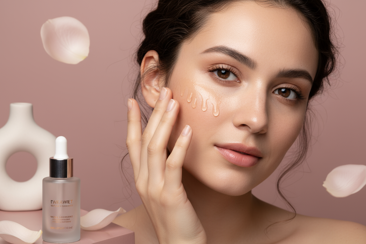 High-resolution realistic photograph of a beautiful young woman applying serum to her face, glowing skin, soft natural makeup, muted dusty pink background (premium luxury pink), minimalistic luxury winter aesthetic, authentic realistic human, 1500x1500 px
