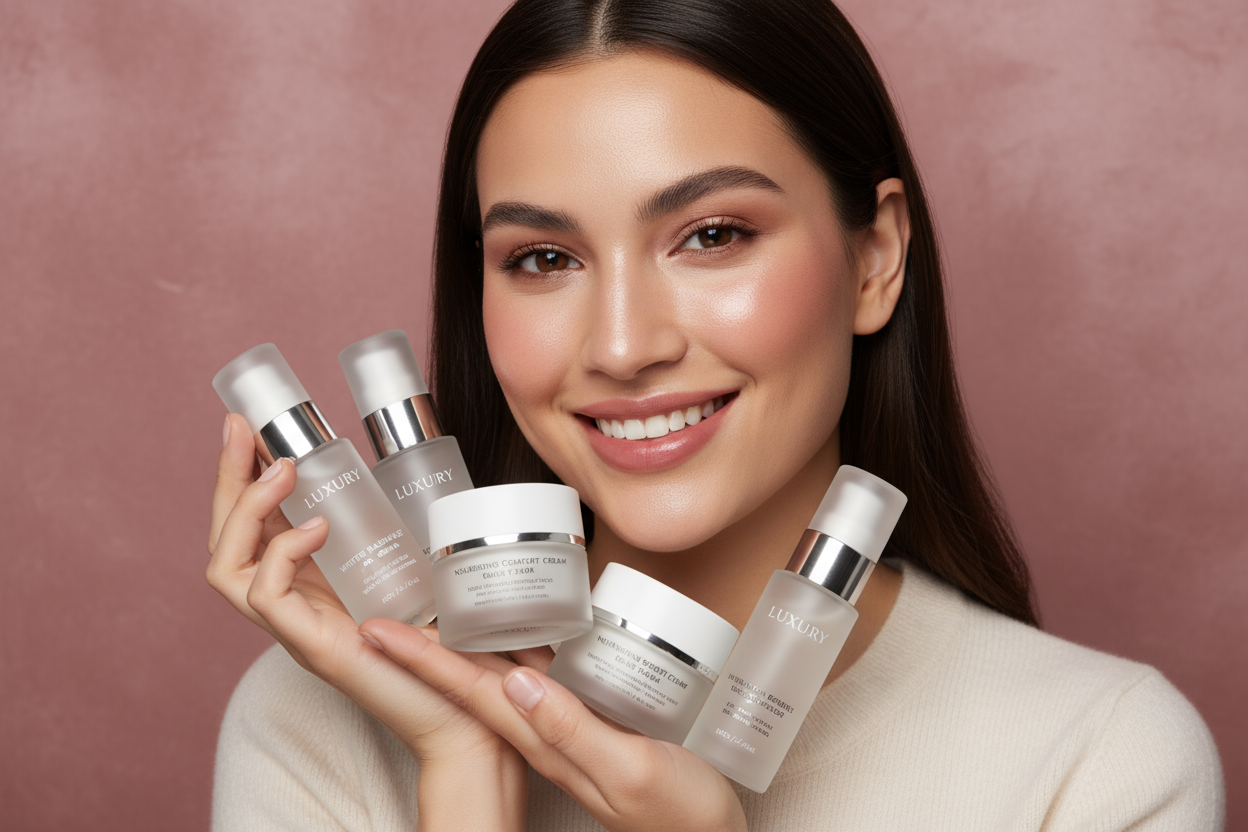 High-resolution realistic photograph of a beautiful young woman holding a winter skincare collection (serums, creams, masks), soft natural makeup, glowing healthy skin, soft natural lighting, muted dusty pink background (premium luxury pink), minimalistic luxury winter aesthetic, authentic realistic human, 3000x2000 px
