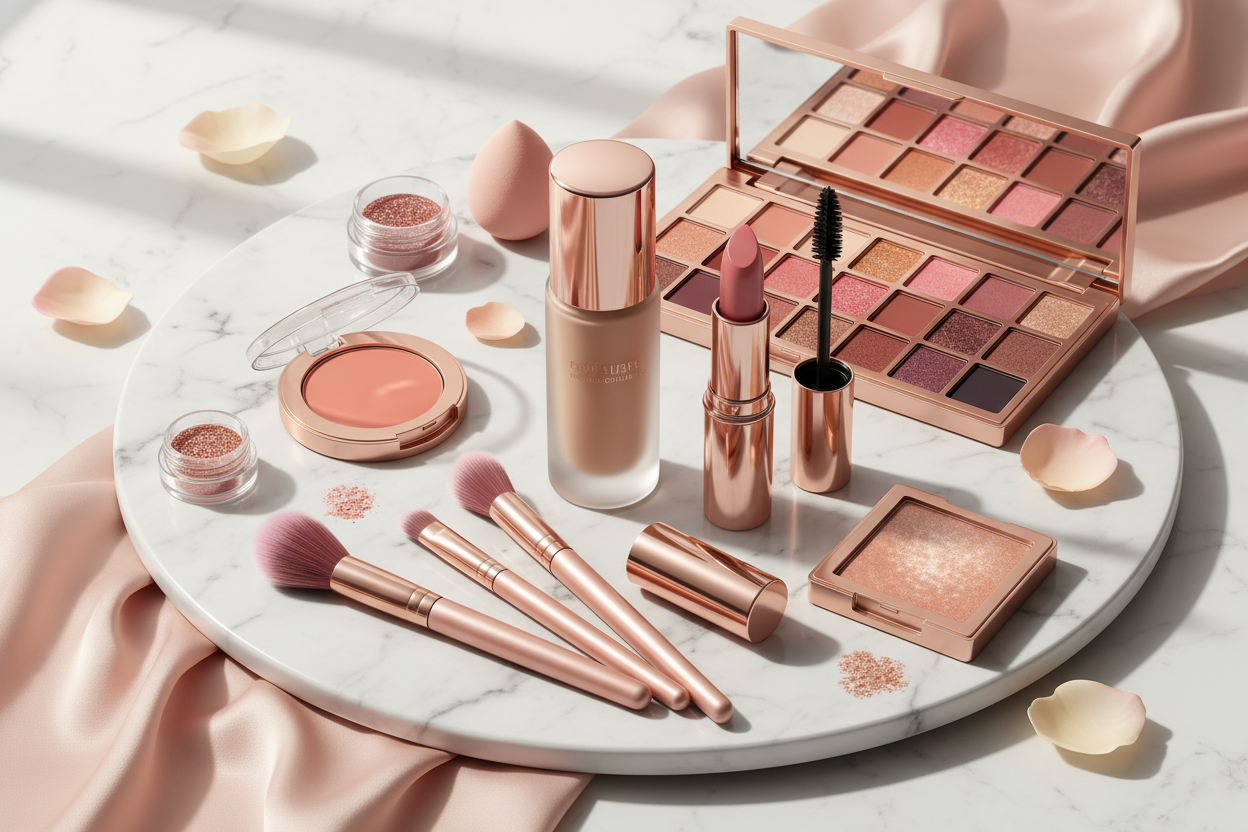 Realistic illustration of makeup products: foundation, eyeshadow palette, lipstick, mascara, makeup brushes, and other cosmetics, beautifully arranged on an elegant background, soft natural lighting, bright and appealing colors, photorealistic, high-quality
