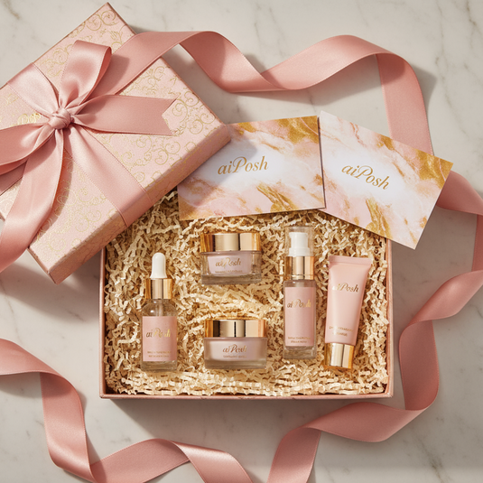 Square 1:1, 1000x1000. Realistic luxury gift-box flat-lay: open gift box with ribbon, small skincare bottles and cards all labeled 