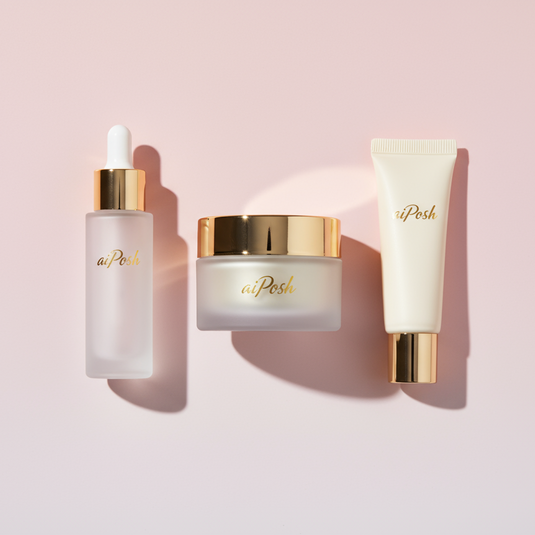 Square 1:1, 1000x1000. Realistic premium product flat-lay centered in the frame: elegant cream jar, serum bottle and small tube all labeled 