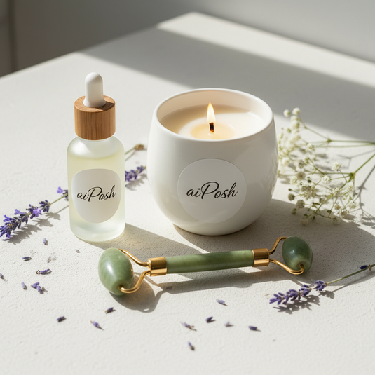 Square 1:1, 1000x1000. Realistic spa-style flat-lay: scented candle, body oil bottle, jade roller and flower petals with visible 