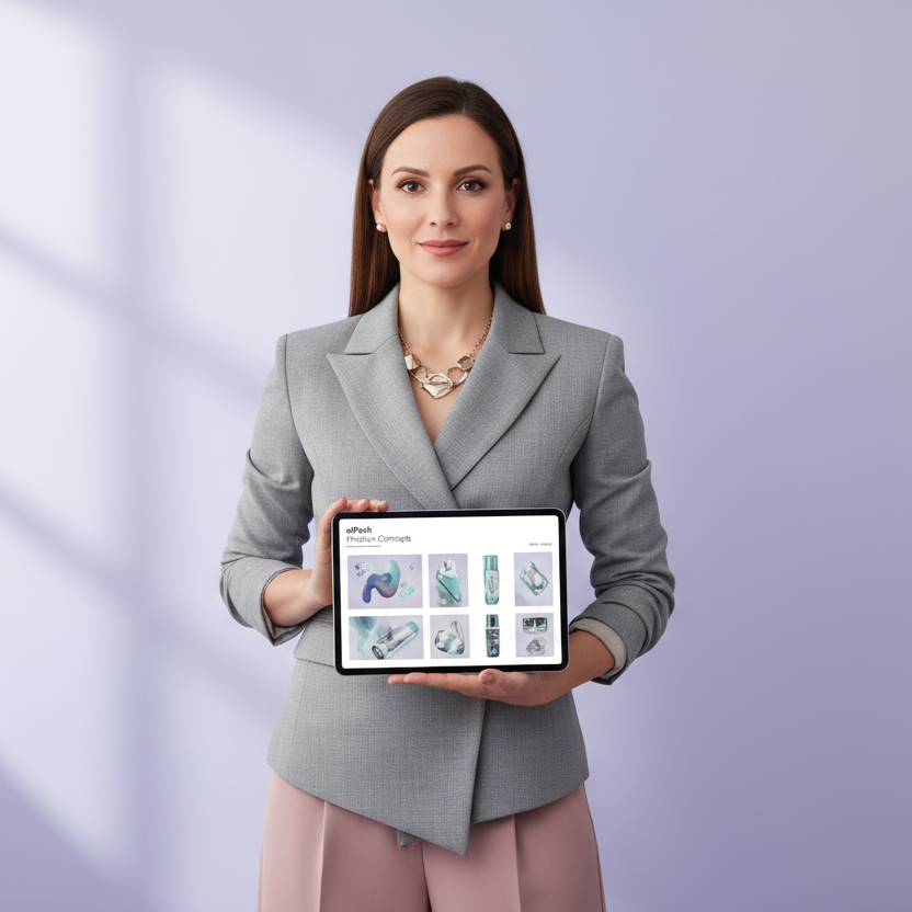 Square 1:1, size 890x950. Realistic female creative director portrait, modern and stylish outfit, holding a moodboard or tablet showing aiPosh product concepts. Background in pastel lavender tone. Soft natural lighting, elegant and artistic style.