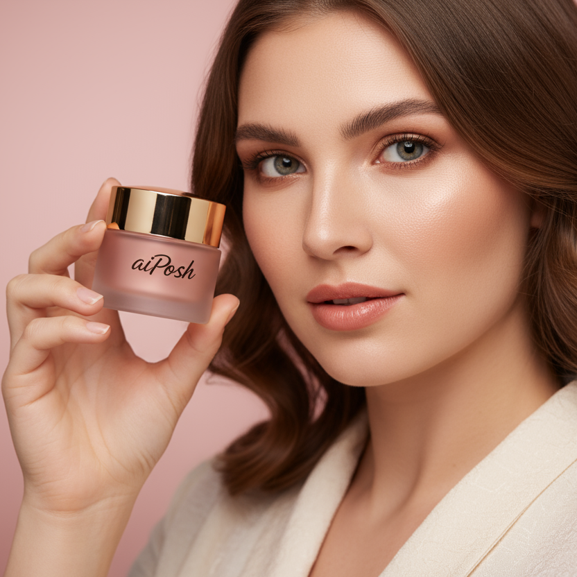 Square 1:1, size 890x950. Realistic female product designer portrait holding a cosmetic jar labeled “aiPosh”. Soft rose background, gentle lighting highlighting her focus and creativity. Premium portrait photography aesthetic.