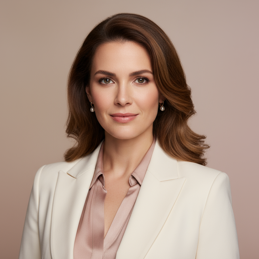 Square 1:1, size 890x950. Realistic professional female model with confident and warm expression, wearing elegant business attire. Soft neutral background with subtle aiPosh brand tone (light pink or beige). Studio lighting, luxury portrait style, photorealistic.